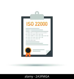 ISO 22000 zertifiziertes Qualitätsmanagementsystem Dokument Papier. Vector lieferbar Abbildung. Stock Vektor