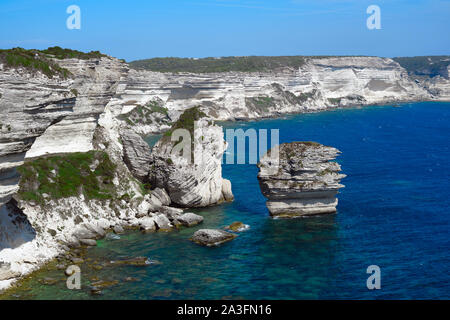 Die südliche Küste von Bonifacio ein felsvorsprung von Chalk weißen Kalkstein, steilen und sculpted in ungewöhnlichen Formen durch den Ozean - Limestone Coast Stockfoto