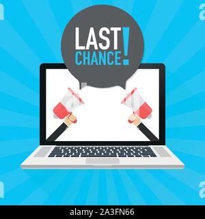Laptop Notebook PC-Bildschirm. Hand Megaphon. Letzte Chance! Text in der Sprechblase. Vector lieferbar Abbildung. Stock Vektor