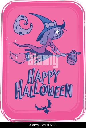 Hexe auf ihrem Besen fliegen isoliert. Vector Illustration für Halloween Poster oder Party Einladung Stock Vektor