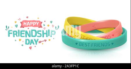 Gruß Friendship Day card, happy holiday von Amity. Drei Gummi Armbänder für beste Freunde gelb, rosa und türkis. Silikon Armbänder und Aufschrift Stock Vektor