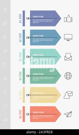 Vektor Infografik flachbild Vorlage Pfeile für sechs Diagramme, Grafik, Präsentation. Business Konzept mit 6 Label. Für Inhalte, Flussdiagramm, Schritt für Schritt Stock Vektor