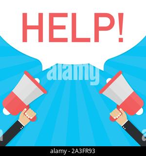 Männliche hand Megaphon mit Hilfe! Sprechblase. Banner für Unternehmen. Vector lieferbar Abbildung. Stock Vektor