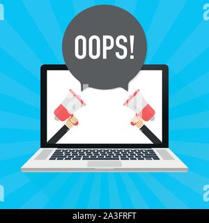 Laptop Notebook PC-Bildschirm. Hand Megaphon. Oops! Text in der Sprechblase. Vector lieferbar Abbildung. Stock Vektor