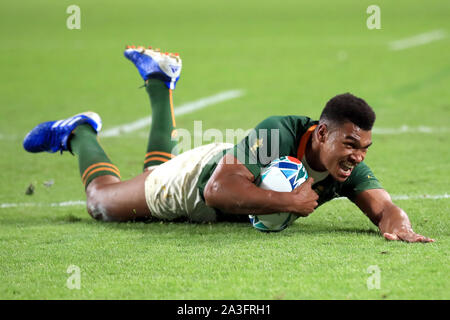 Südafrikas Damian Willemse Kerben 9. Versuchen Sie, die sein Team während der 2019 Rugby World Cup Pool B Gleiches an Kobe Misaki Stadium, um die Stadt Kobe. Stockfoto