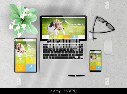 Responsive Design pet-Website auf Geräte Draufsicht Holz- Desktop 3D-Rendering Stockfoto