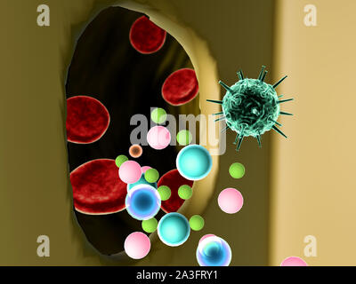 Die Vermehrung des Virus in die Zelle, die Vermehrung des Virus in die Leberzelle, Viren in die Zelle, Viren infizieren die Zelle, virus Angriff der Leberzellen Stockfoto