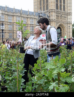 Labour MP, Kate Grün (links) st die Setzlinge Pacer im Alten Schloss Hof außerhalb des Parlaments, durch Demonstranten, während ein Aussterben Rebellion (XR) Protest in Westminster, London. Stockfoto