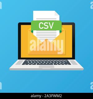 Laptop mit Umschlag und CSV-Datei. Notebook und E-Mail mit Dateianhang CSV-Dokument. Vector lieferbar Abbildung. Stock Vektor