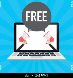 Laptop Notebook PC-Bildschirm. Hand Megaphon. Freier Text in der Sprechblase. Vector lieferbar Abbildung. Stock Vektor