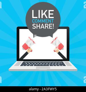Laptop Notebook PC-Bildschirm. Hand Megaphon. Wie Kommentar teilen! Text in der Sprechblase. Vector lieferbar Abbildung. Stock Vektor