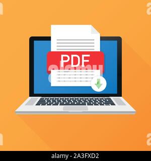 Download PDF-Taste auf dem Laptop Bildschirm. Download Dokument Konzept. Datei mit PDF-Label und Pfeil nach unten. Vector lieferbar Abbildung. Stock Vektor