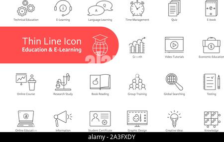 Große dünne Linie an e-learning und Bildung mit Text Stock Vektor
