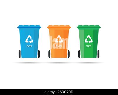 Drei Mülltonnen (Mülltonnen) mit Recycling Fleck auf einem weißen Hintergrund. Vector Illustration. Stock Vektor