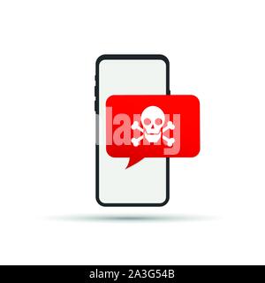 Malware Benachrichtigung auf dem Smartphone. Mobiltelefon mit Schädelknochen bubble Rede red alert, Konzept der Spam Daten, Betrug im Internet Fehlermeldung. Vektor Stock Vektor