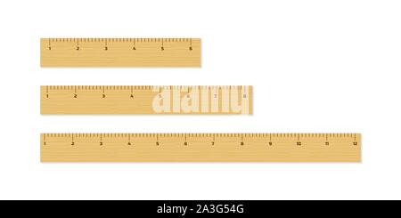 Holz- unterschiedlicher Größe Herrscher 6, 8 und 12 Zoll lange auf weißem Hintergrund. Vector lieferbar Abbildung. Stock Vektor