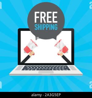 Laptop Notebook PC-Bildschirm. Hand Megaphon. Kostenloser Versand Text in der Sprechblase. Vector lieferbar Abbildung. Stock Vektor