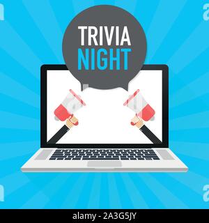 Laptop Notebook PC-Bildschirm. Hand Megaphon. Trivia nacht Text in der Sprechblase. Vector lieferbar Abbildung. Stock Vektor