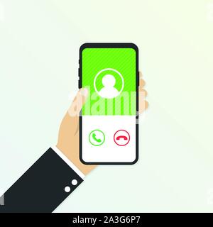 Eingehender Anruf auf Bildschirm des Smartphones. Aufruf Service. Hand hält Smartphone, finger Touch Screen. Vector lieferbar Abbildung. Stock Vektor