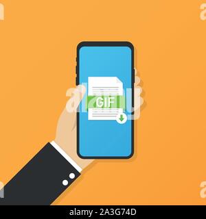 Download GIF-Taste am Bildschirm des Smartphones. Download Dokument Konzept. Datei mit GIF Beschriftung und Pfeil nach unten. Vector lieferbar Abbildung. Stock Vektor