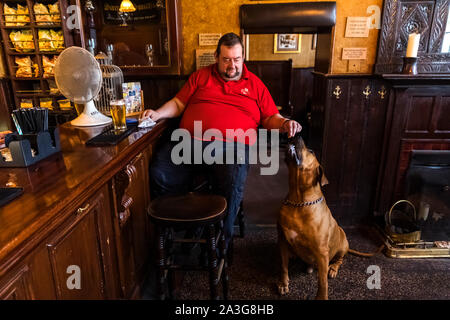 England, London, Southwark, Bermondsey, männlichen Kunden an der Bar sitzt Der Anker Tippen Sam Smiths Pub mit Hund Stockfoto