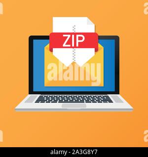 Laptop mit Umschlag und ZIP-Datei. Notebook und E-Mail mit Dateianhang ZIP-Dokument. Vector lieferbar Abbildung. Stock Vektor