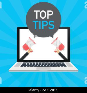 Laptop Notebook PC-Bildschirm. Hand Megaphon. Top Tipps Text in der Sprechblase. Vector lieferbar Abbildung. Stock Vektor