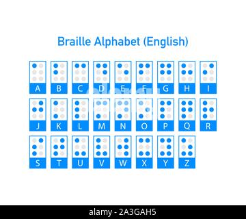 Braille englischen Alphabet Buchstaben. Schreiben Anzeichen für blinde oder sehbehinderte Menschen. Vector lieferbar Abbildung. Stock Vektor