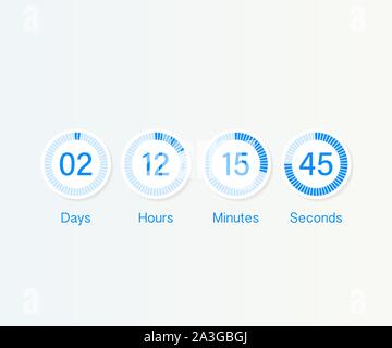Vektor Countdown Uhr Zähler Timer. UI-app Digitale Countup Kreis Vorstand meter mit Kreis Zeit pie Diagramm. Anzeiger von Tag, Stunde, Minuten und Stock Vektor