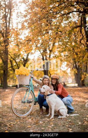 Zwei junge weibliche Freunde zu Fuß in den gelben Herbst park mit Hund und Fahrrad Stockfoto