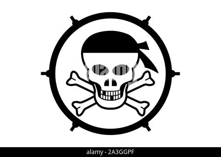 Abbildung einer Wortmarke Jolly Roger auf weißem Hintergrund in einem Kreis Stockfoto