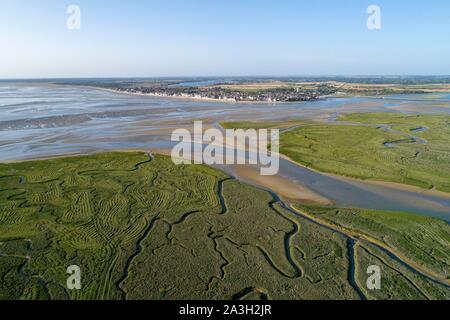 Frankreich, Somme, Baie de Somme, Tv in Les Mollieres und Crotoy Dorf im Hintergrund (Luftbild) Stockfoto