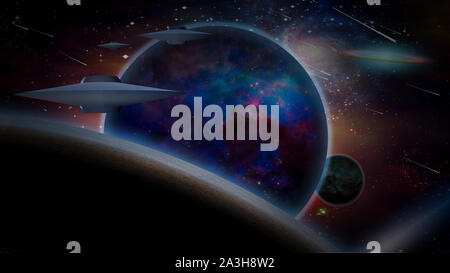 Raumschiffe in der Nähe der Außerirdischen Planeten. 3D-Rendering Stockfoto