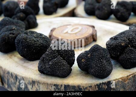 Frankreich, Vaucluse, Vaison-la-Romaine, Straße, Markt am Dienstag Morgen im Sommer, Metal eines Herstellers von Trüffeln, Sommertrüffel (Tuber Aestivum) Stockfoto