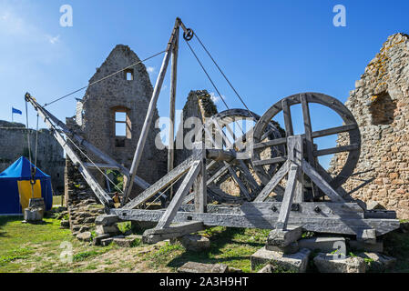 Mittelalterliche hölzerne human powered treadwheel Kran im Château de Tiffauges, mittelalterliche Burg, Vendée, Frankreich Stockfoto