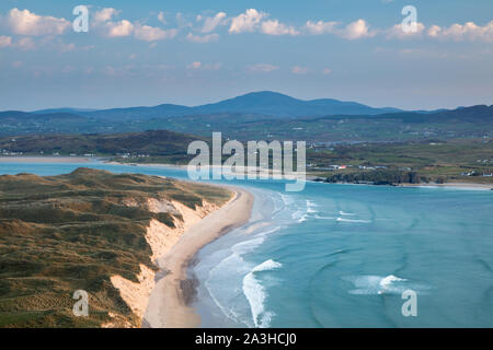 Fünf Finger Strang, Trawbreaga Bay und Dunaff Kopf von Soldaten Hill, Halbinsel Inishowen, Co Donegal, Irland Stockfoto