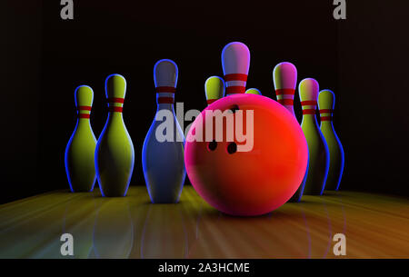 Bowling strike mit neon Kugel und Stifte Stockfoto