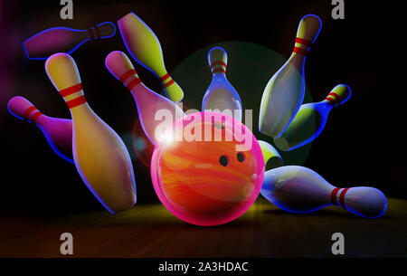 Bowling strike mit neon Kugel und Stifte Stockfoto