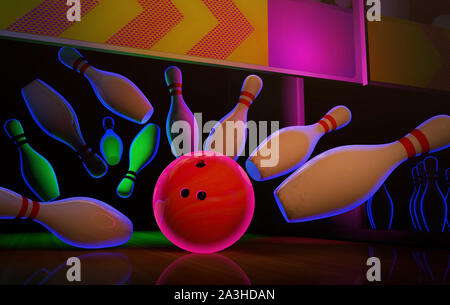 Bowling strike mit neon Kugel und Stifte Stockfoto