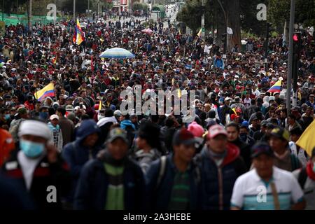 Quito, Ecuador. 08 Okt, 2019. Zahlreiche Menschen März aus Protest gegen die Wirtschaftspolitik der Regierung von Präsident Moreno. Die Konföderation der indigenen Völker (Conaie) hat für einen großen Marsch nach Quito genannt. Der ecuadorianischen Hauptstadt erwartet rund 20.000 Demonstranten der indigenen Völker gegen die Preiserhöhungen und die Erdölförderung in ihren Territorien am Dienstag protestieren zu bewirten. Die Regierung den Notstand und bewegt von der Hauptstadt nach Guayaquil. Credit: Juan Diego Montenegro/dpa/Alamy leben Nachrichten Stockfoto