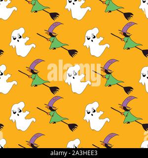 Spaß Halloween nahtlose Muster Hintergrund mit fliegenden gruselige Geister und Hexen auf Besen Stock Vektor