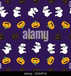 Spaß Halloween nahtlose Muster Hintergrund mit gruseligen Gespenstern, Kürbisse und Herrenhäuser und Hexen auf Besen Stock Vektor