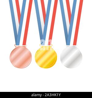 Drei Medaillen auf weißem Hintergrund für Sport Spiele. Vector lieferbar Abbildung. Stock Vektor