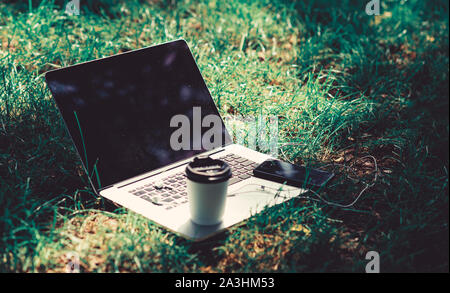 Arbeiten im Freien. Freie Musik. Sommer vibes. Entspannen. Studenten leben. Online shopping. agiles Unternehmen. Online Studie. Laptop mit Headset für Mobiltelefon und Kaffee auf grünem Gras zu gehen. Stockfoto