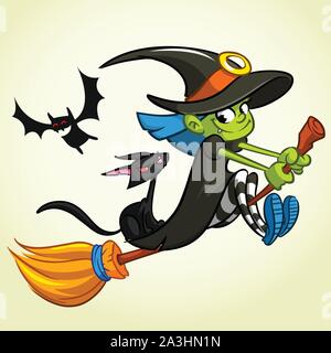 Vector Illustration von Cartoon Mädchen in eine Hexe Kostüm für Halloween gekleidet und Reiten ein Besenstiel Stock Vektor