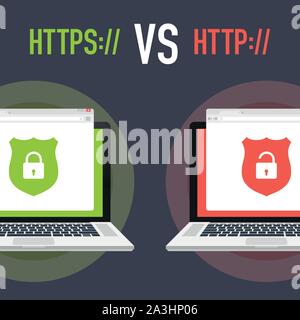 Http- und HTTPS-Protokolle auf dem Schirm auf Laptop, auf weißem Hintergrund. Vector lieferbar Abbildung: Stock Vektor