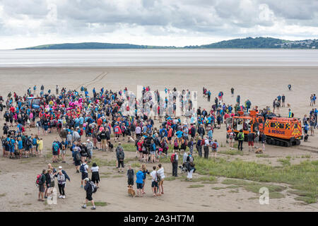 Spaziergang über die Morecambe Bay gefördert. Stockfoto