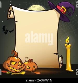 Halloween Banner mit leeren Blättern Papier mit Attributen. Vector Illustration auf dunkle Nacht Hintergrund isoliert Stock Vektor