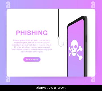 Phishing via Internet isometrische Vektor Konzept Abbildung. E-Mail-Spoofing oder angeln Nachrichten. Hacking Kreditkarte oder persönliche Informationen Website. Stock Vektor