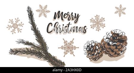 Gruß an Weihnachten mit dekorativer Weihnachtsbaum und Pine Cone und Eiskristalle mit Typ-Handgezeichnete Retro Look - für horizontale Weihnachtskarten Stock Vektor